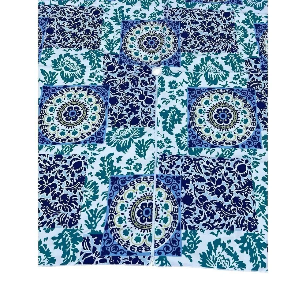 Outdoor Blue & White Floral Block Print Umbrella Tablecloth W Zip Opening 82x60